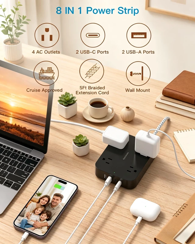 Alt view image 2 of 7 - 5 Ft Braided Extension Cord, Ultra-Thin Flat Plug, 4 Widely Spaced Outlets 4 USB Ports (2 USB C), Non-Surge Protector Power Strip for Cruise Ship, Travel Essentials, Home Office, Black