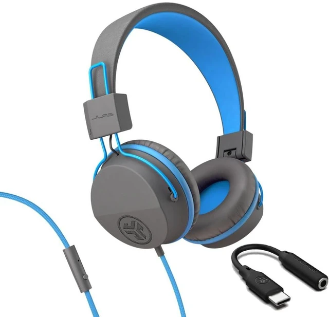 Main image of JBuddies Studio, Kids Wired on-Ear Headphones, Bundle with USB-C Adapter, Volume limiting, Foldable, Grey/Blue