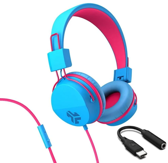 Main image of JBuddies Studio, Kids Wired on-Ear Headphones, Bundle with USB-C Adapter, Volume limiting, Foldable, Blue/Pink