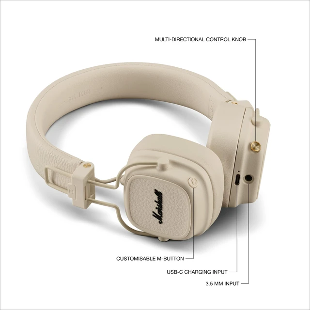 Alt view image 6 of 7 - Major V Wireless On-Ear Bluetooth Headphones - Cream 100+ Hr Playtime Microphone for Calls Lightweight Foldable Design for Travel Detachable Audio Cable
