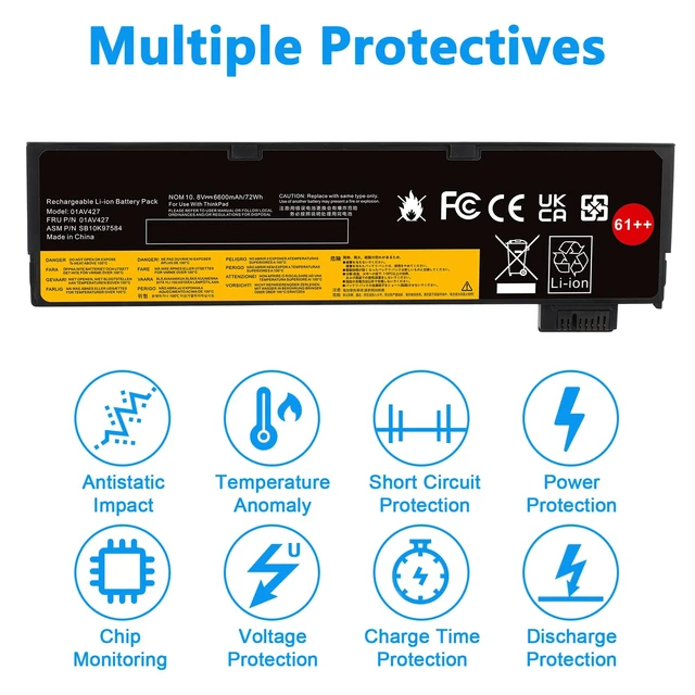 Alt view image 5 of 7 - 72Wh 61++ 01AV427 01AV425 Battery for Lenovo ThinkPad T480 T470 P51S P52S T570 T580 A485 A475 TP25 Series SB10K97584 SB10K97585 01AV490 01AV492 X50M08812 4X50M08812 01AV422 01AV423 01AV428