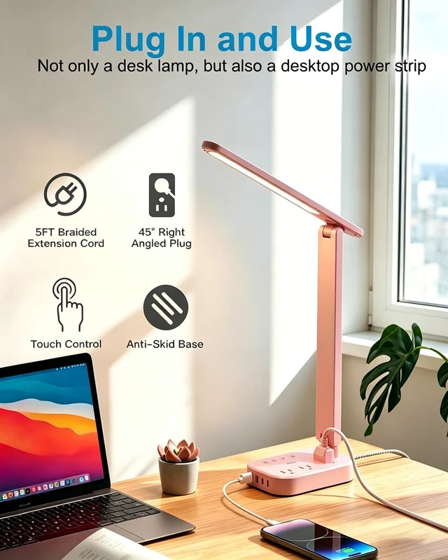 Alt view image 4 of 7 - LED Desk Lamp, Power Strip with 4 USB 3 Outlets, Dorm Room Essentials, Pink 4 Modes 5 Level Brightness Touch Lamp, Small Desk Lamp for Home Office College Dorm Essentials, Study Reading Light