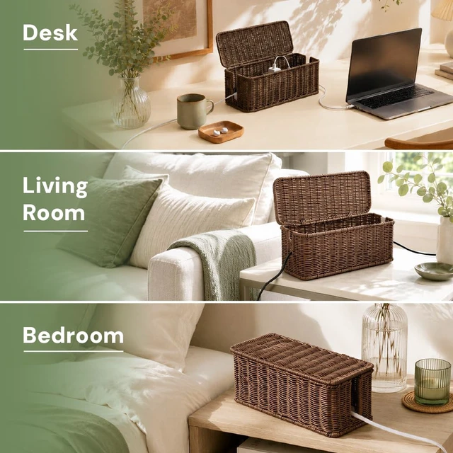 Alt view image 7 of 7 - Cable Management Box, Handmade Rattan Cord Organizer for Power Strip Open Slots Cord Hider for Power Strip, Router & USB Hub, Registered U.S. Design Patent