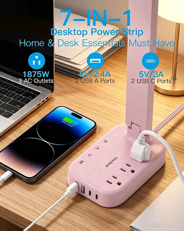 Alt view image 2 of 7 - LED Desk Lamp, Power Strip with 4 USB 3 Outlets, Dorm Room Essentials, Pink 4 Modes 5 Level Brightness Touch Lamp, Small Desk Lamp for Home Office College Dorm Essentials, Study Reading Light
