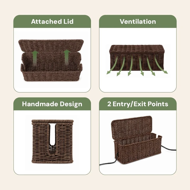 Alt view image 6 of 7 - Cable Management Box, Handmade Rattan Cord Organizer for Power Strip Open Slots Cord Hider for Power Strip, Router & USB Hub, Registered U.S. Design Patent