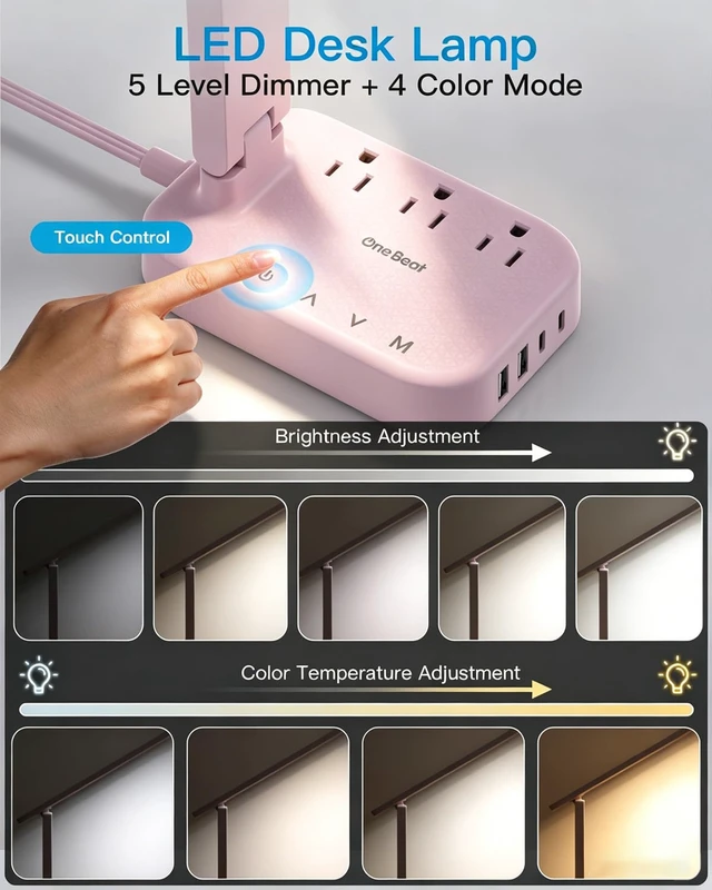 Alt view image 3 of 7 - LED Desk Lamp, Power Strip with 4 USB 3 Outlets, Dorm Room Essentials, Pink 4 Modes 5 Level Brightness Touch Lamp, Small Desk Lamp for Home Office College Dorm Essentials, Study Reading Light