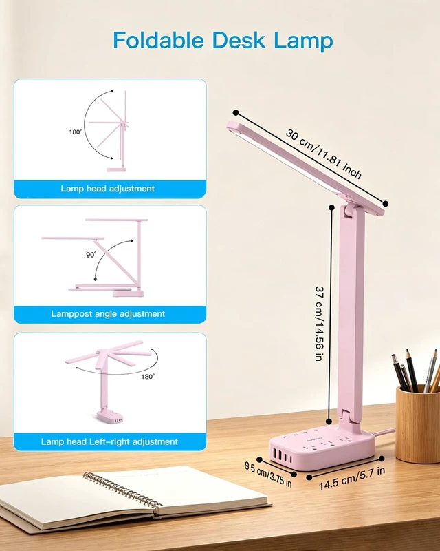 Alt view image 6 of 7 - LED Desk Lamp, Power Strip with 4 USB 3 Outlets, Dorm Room Essentials, Pink 4 Modes 5 Level Brightness Touch Lamp, Small Desk Lamp for Home Office College Dorm Essentials, Study Reading Light