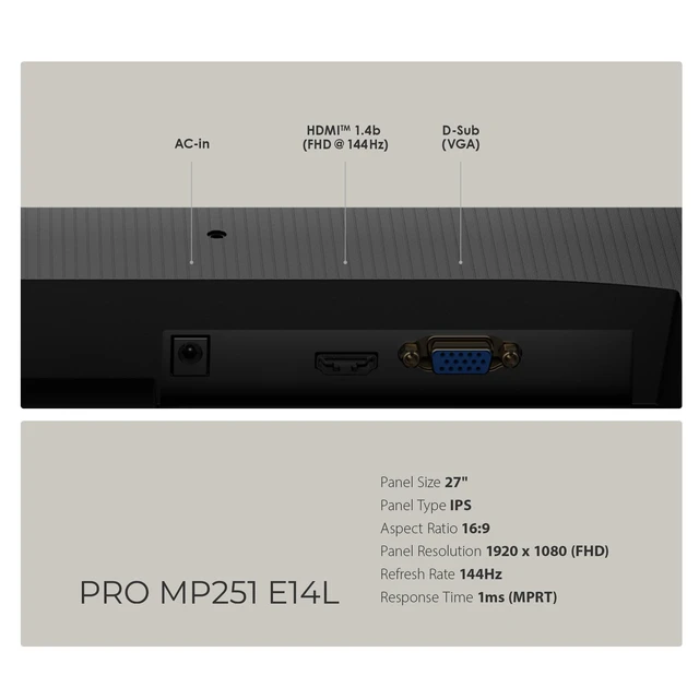 Alt view image 7 of 7 - PRO MP251 E14L 24.5-inch IPS 1920 x 1080 (FHD) Computer Office Monitor, 144Hz, Free-Sync, HDR Ready, HDMI, VGA Port,VESA Mountable, Tilt, 4-Side Slim Bezel,1ms, Black