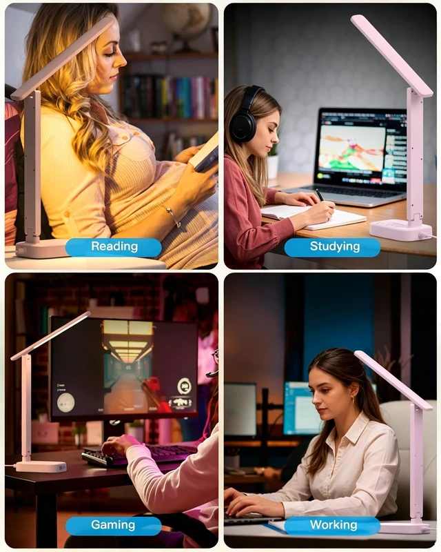 Alt view image 7 of 7 - LED Desk Lamp, Power Strip with 4 USB 3 Outlets, Dorm Room Essentials, Pink 4 Modes 5 Level Brightness Touch Lamp, Small Desk Lamp for Home Office College Dorm Essentials, Study Reading Light