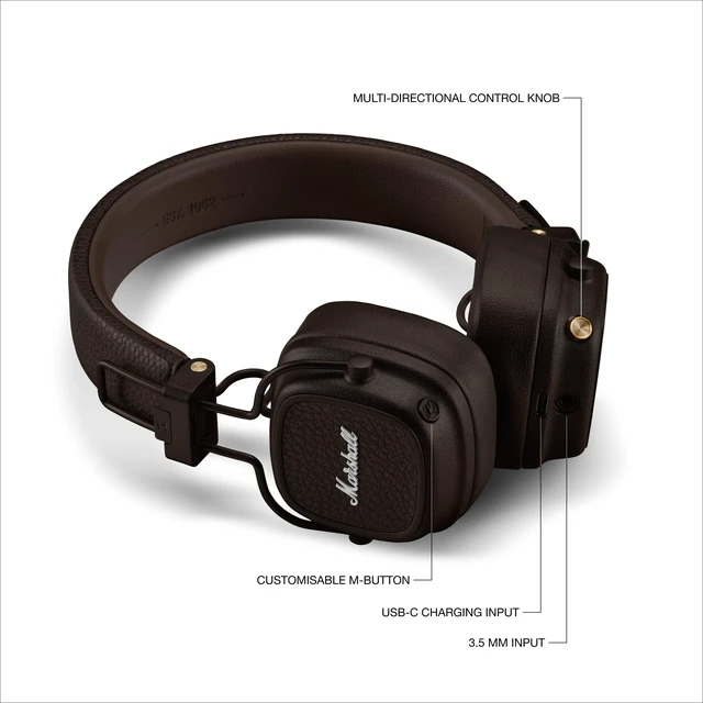 Alt view image 6 of 7 - Major V Wireless On-Ear Bluetooth Headphones - Brown 100+ Hr Playtime Microphone for Calls Lightweight Foldable Design for Travel Detachable Audio Cable