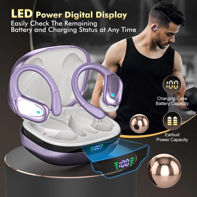 Alt view image 7 of 7 - Wireless Earbuds, Sports Bluetooth Headphones, 80Hrs Playtime Ear Buds with LED Power Display, Noise Canceling Headset, IPX7 Waterproof Earphones for Workout/Running (Purple)
