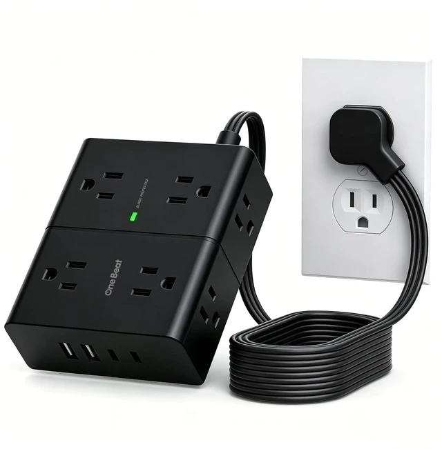 Main image of Flat Plug Surge Protector Power Strip, 6 Ft Flat Extension Cord Extension Cord with 8 Outlets 4 USB Ports(2 USB C), Flat Plug Power Strip for Home Office College Dorm Room Essentials, Black