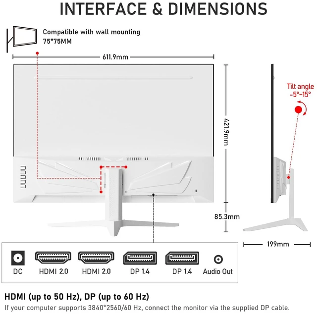 Alt view image 7 of 7 - 28 inch UHD 4K computer monitor, IPS Ultra HD (3840×2560p)PC screen 3:2 ratio, 1.07 billion colours, 128% sRGB, built-in speakers, 178° wide viewing angle DisplayPort, HDMI, white