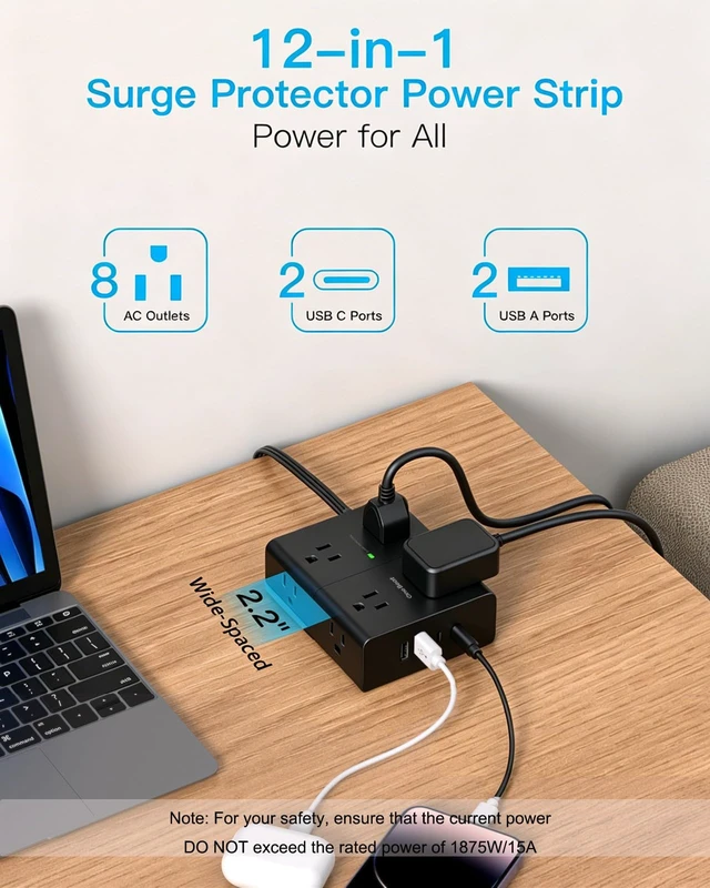 Alt view image 2 of 6 - Flat Plug Surge Protector Power Strip, 6 Ft Flat Extension Cord Extension Cord with 8 Outlets 4 USB Ports(2 USB C), Flat Plug Power Strip for Home Office College Dorm Room Essentials, Black
