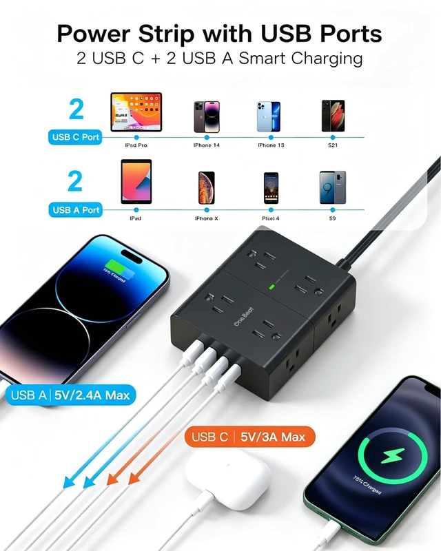 Alt view image 3 of 6 - Flat Plug Surge Protector Power Strip, 6 Ft Flat Extension Cord Extension Cord with 8 Outlets 4 USB Ports(2 USB C), Flat Plug Power Strip for Home Office College Dorm Room Essentials, Black