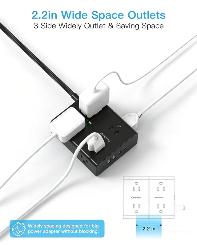 Alt view image 5 of 6 - Flat Plug Surge Protector Power Strip, 6 Ft Flat Extension Cord Extension Cord with 8 Outlets 4 USB Ports(2 USB C), Flat Plug Power Strip for Home Office College Dorm Room Essentials, Black