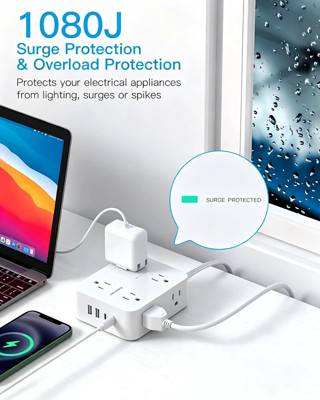 Alt view image 4 of 7 - 15Ft Long Extension Cord with Ultra-Thin Flat Plug, 8 Widely Spaced Outlets 4 USB Ports (2 USB C), 1080J Surge Protected Power Strip for Home Office, College Dorm Room Essentials, Wall Mount