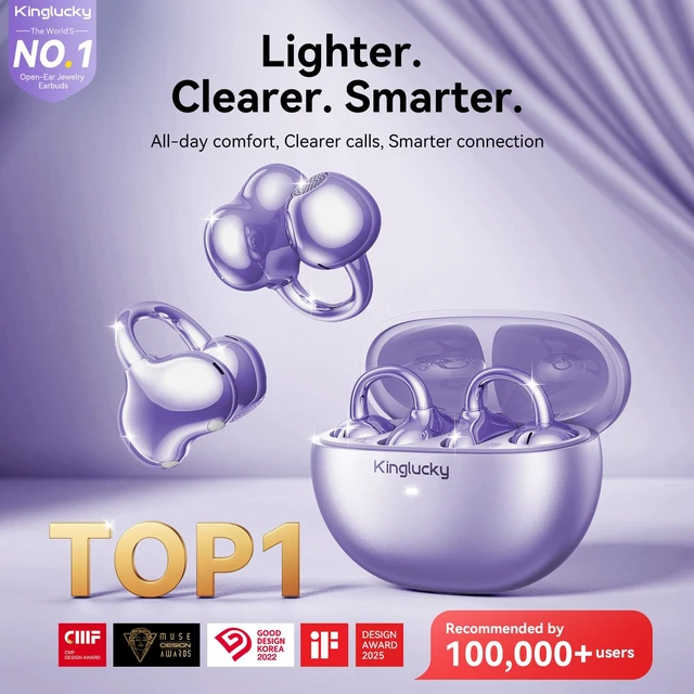 Alt view image 2 of 7 - Upgraded Clip-On Earbuds, Open Ear Wireless Earbuds Bluetooth 6.0 Comfortable Secure Fit for Women, Small Ears & Glasses, 40H Playtime, Crystal-Clear Sound, IP56, Purple