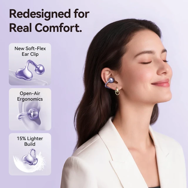 Alt view image 3 of 7 - Upgraded Clip-On Earbuds, Open Ear Wireless Earbuds Bluetooth 6.0 Comfortable Secure Fit for Women, Small Ears & Glasses, 40H Playtime, Crystal-Clear Sound, IP56, Purple