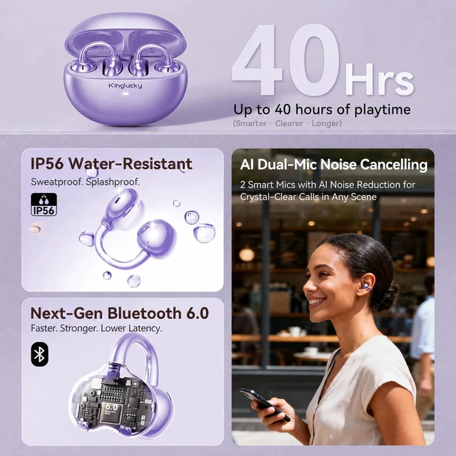 Alt view image 6 of 7 - Upgraded Clip-On Earbuds, Open Ear Wireless Earbuds Bluetooth 6.0 Comfortable Secure Fit for Women, Small Ears & Glasses, 40H Playtime, Crystal-Clear Sound, IP56, Purple