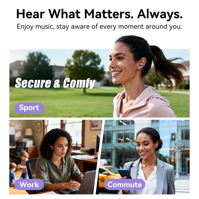 Alt view image 5 of 7 - Upgraded Clip-On Earbuds, Open Ear Wireless Earbuds Bluetooth 6.0 Comfortable Secure Fit for Women, Small Ears & Glasses, 40H Playtime, Crystal-Clear Sound, IP56, Purple