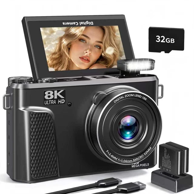 Main image of 8K Digital Camera, 88MP Autofocus Camera for Beginners & Photography, WiFi 8K Video, 88MP camera for photography, 18X Digital Zoom, 3" 180° Flip Screen, Anti-Shake,WIFI, Webcam, Flash, Compact