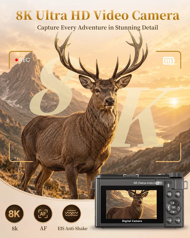 Alt view image 2 of 7 - 8K Digital Camera, 88MP Autofocus Camera for Beginners & Photography, WiFi 8K Video, 88MP camera for photography, 18X Digital Zoom, 3" 180° Flip Screen, Anti-Shake,WIFI, Webcam, Flash, Compact