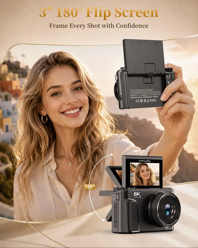 Alt view image 3 of 7 - 8K Digital Camera, 88MP Autofocus Camera for Beginners & Photography, WiFi 8K Video, 88MP camera for photography, 18X Digital Zoom, 3" 180° Flip Screen, Anti-Shake,WIFI, Webcam, Flash, Compact
