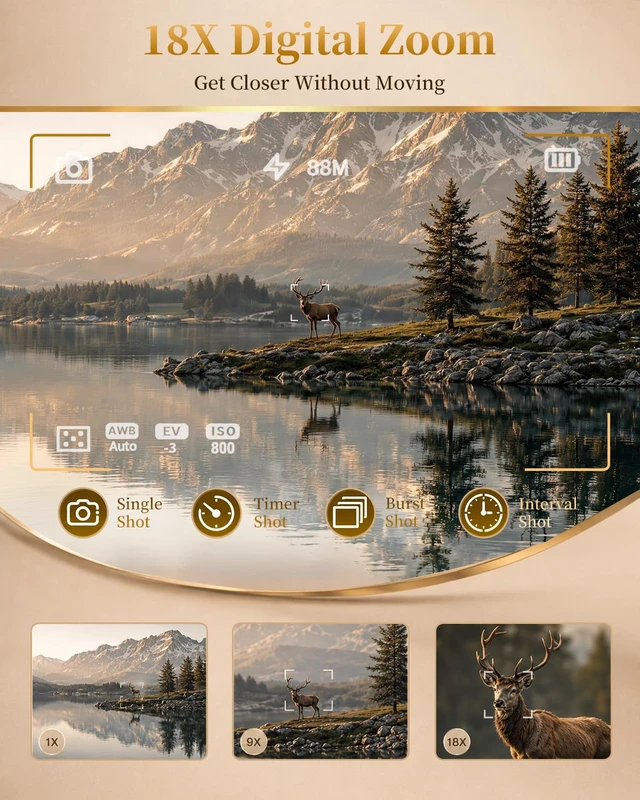 Alt view image 4 of 7 - 8K Digital Camera, 88MP Autofocus Camera for Beginners & Photography, WiFi 8K Video, 88MP camera for photography, 18X Digital Zoom, 3" 180° Flip Screen, Anti-Shake,WIFI, Webcam, Flash, Compact