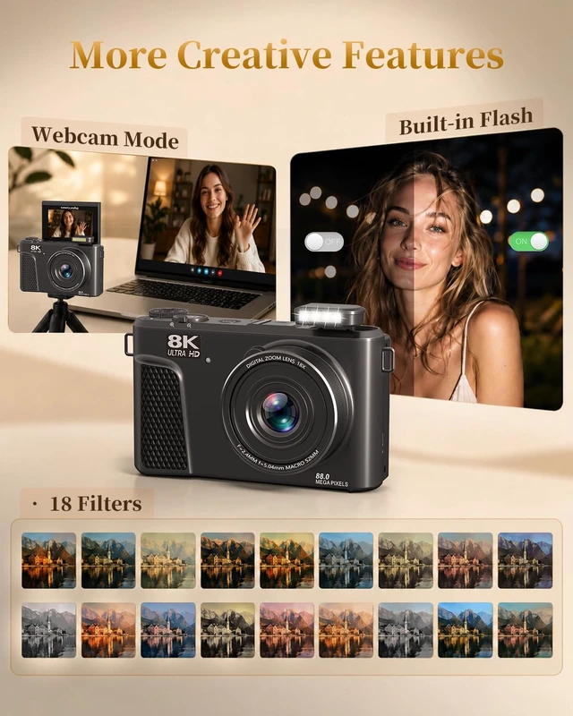 Alt view image 6 of 7 - 8K Digital Camera, 88MP Autofocus Camera for Beginners & Photography, WiFi 8K Video, 88MP camera for photography, 18X Digital Zoom, 3" 180° Flip Screen, Anti-Shake,WIFI, Webcam, Flash, Compact