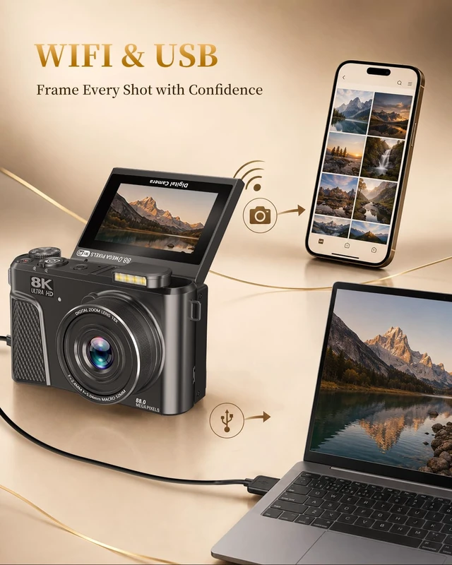 Alt view image 7 of 7 - 8K Digital Camera, 88MP Autofocus Camera for Beginners & Photography, WiFi 8K Video, 88MP camera for photography, 18X Digital Zoom, 3" 180° Flip Screen, Anti-Shake,WIFI, Webcam, Flash, Compact