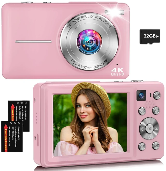 Main image of Digital Camera, 4K 64MP Autofocus 16X Zoom Camera with Dual Lens(Pink) 2026 Latest Anti-Shake Point Shoot Camera, Compact Travel Vlogging Camera for Teens Adults Beginner, 32GB Card, 2 Batteries