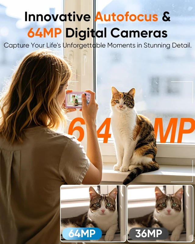 Alt view image 3 of 7 - Digital Camera, 4K 64MP Autofocus 16X Zoom Camera with Dual Lens(Pink) 2026 Latest Anti-Shake Point Shoot Camera, Compact Travel Vlogging Camera for Teens Adults Beginner, 32GB Card, 2 Batteries