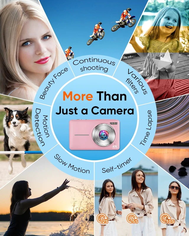 Alt view image 6 of 7 - Digital Camera, 4K 64MP Autofocus 16X Zoom Camera with Dual Lens(Pink) 2026 Latest Anti-Shake Point Shoot Camera, Compact Travel Vlogging Camera for Teens Adults Beginner, 32GB Card, 2 Batteries