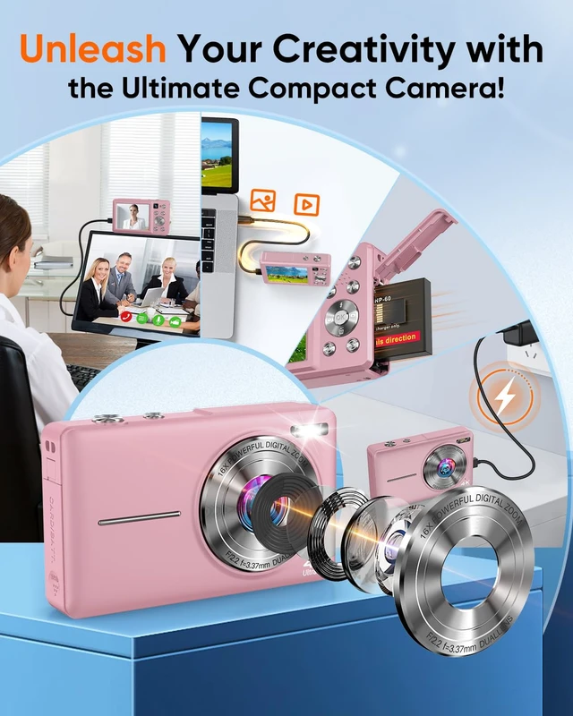 Alt view image 7 of 7 - Digital Camera, 4K 64MP Autofocus 16X Zoom Camera with Dual Lens(Pink) 2026 Latest Anti-Shake Point Shoot Camera, Compact Travel Vlogging Camera for Teens Adults Beginner, 32GB Card, 2 Batteries