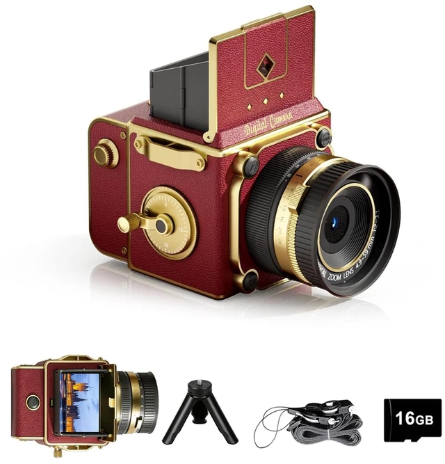 Main image of Vintage Digital Camera, 64MP 2.7K Retro Point and Shoot Camera with Autofocus, 2" IPS Waist-Level Screen & 16GB TF Card, 16X Zoom Compact Photography Camera for Beginners Red Vintage Decor