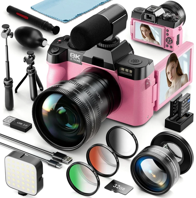 Main image of 8K 64MP Digital Cameras for Photography,16X Zoom,3 Color Filters (Pink) 180°Flip ScreenWiFi,Microphone, Tripod, Wide & Macro Lens Kit,2 Batteries, 32GB TF Card,Vlogging and Travel,Beginners