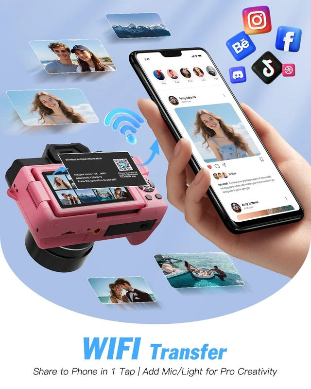 Alt view image 5 of 7 - 8K 64MP Digital Cameras for Photography,16X Zoom,3 Color Filters (Pink) 180°Flip ScreenWiFi,Microphone, Tripod, Wide & Macro Lens Kit,2 Batteries, 32GB TF Card,Vlogging and Travel,Beginners