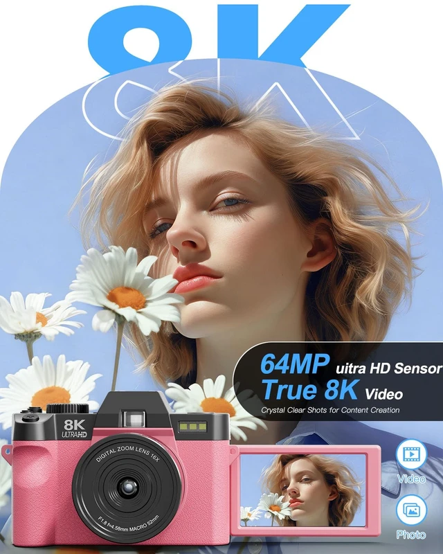 Alt view image 2 of 7 - 8K 64MP Digital Cameras for Photography,16X Zoom,3 Color Filters (Pink) 180°Flip ScreenWiFi,Microphone, Tripod, Wide & Macro Lens Kit,2 Batteries, 32GB TF Card,Vlogging and Travel,Beginners