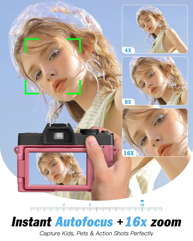 Alt view image 3 of 7 - 8K 64MP Digital Cameras for Photography,16X Zoom,3 Color Filters (Pink) 180°Flip ScreenWiFi,Microphone, Tripod, Wide & Macro Lens Kit,2 Batteries, 32GB TF Card,Vlogging and Travel,Beginners