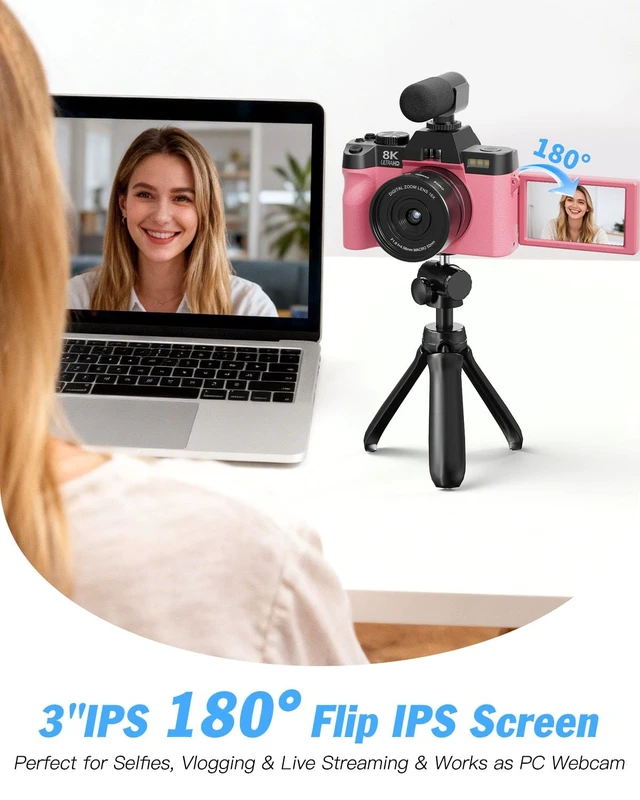 Alt view image 7 of 7 - 8K 64MP Digital Cameras for Photography,16X Zoom,3 Color Filters (Pink) 180°Flip ScreenWiFi,Microphone, Tripod, Wide & Macro Lens Kit,2 Batteries, 32GB TF Card,Vlogging and Travel,Beginners
