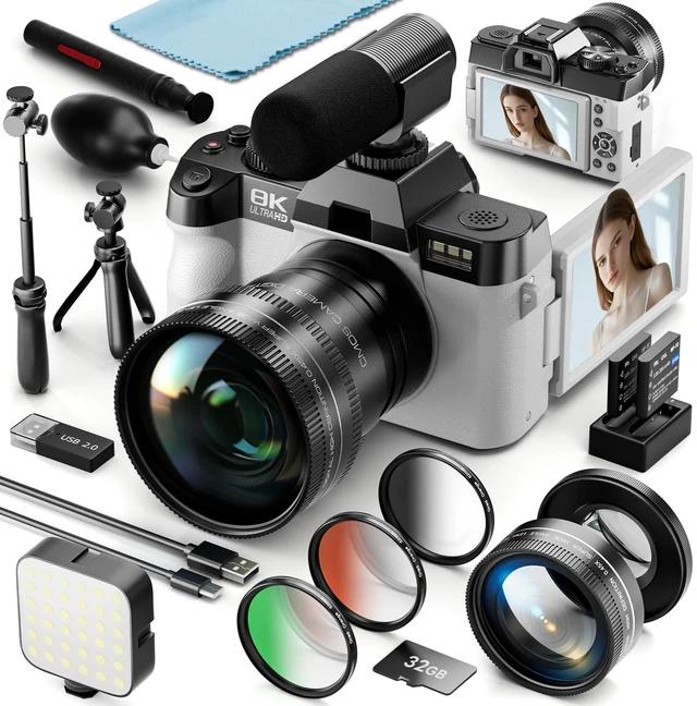 Main image of 8K 64MP Digital Cameras for Photography,16X Zoom,3 Color Filters (White) 180°Flip ScreenWiFi,Microphone, Tripod, Wide & Macro Lens Kit,2 Batteries, 32GB TF Card,Vlogging and Travel,Beginners
