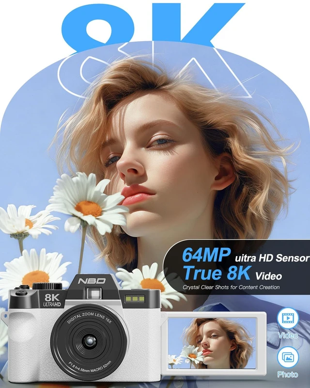 Alt view image 2 of 7 - 8K 64MP Digital Cameras for Photography,16X Zoom,3 Color Filters (White) 180°Flip ScreenWiFi,Microphone, Tripod, Wide & Macro Lens Kit,2 Batteries, 32GB TF Card,Vlogging and Travel,Beginners