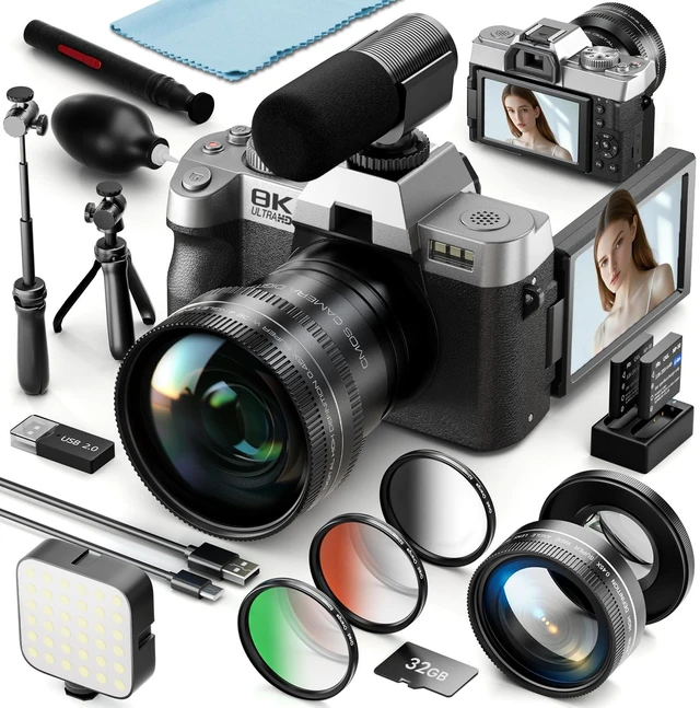 Main image of 8K 64MP Digital Cameras for Photography,16X Zoom,3 Color Filters (Silver) 180°Flip ScreenWiFi,Microphone, Tripod, Wide & Macro Lens Kit,2 Batteries, 32GB TF Card,Vlogging and Travel,Beginners