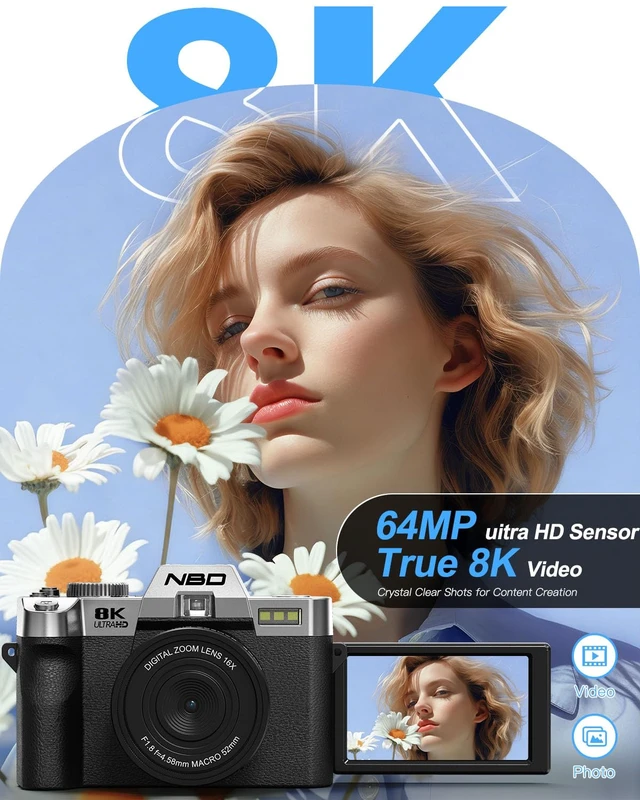 Alt view image 2 of 7 - 8K 64MP Digital Cameras for Photography,16X Zoom,3 Color Filters (Silver) 180°Flip ScreenWiFi,Microphone, Tripod, Wide & Macro Lens Kit,2 Batteries, 32GB TF Card,Vlogging and Travel,Beginners