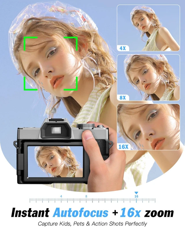 Alt view image 3 of 7 - 8K 64MP Digital Cameras for Photography,16X Zoom,3 Color Filters (Silver) 180°Flip ScreenWiFi,Microphone, Tripod, Wide & Macro Lens Kit,2 Batteries, 32GB TF Card,Vlogging and Travel,Beginners