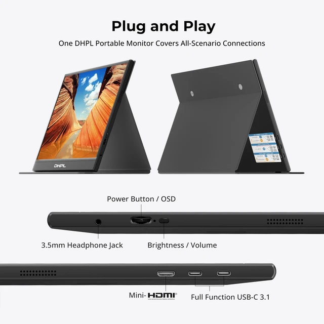 Alt view image 4 of 7 - Portable Monitor 15.6 Inch FHD 1080P IPS Screen Extender for Laptop Ultra-Slim 1.4lb Travel Monitor with Smart Cover, Dual USB-C & HDMI, VESA 75x75, Speakers, for Mac PC Phone Switch PS5 Xbox