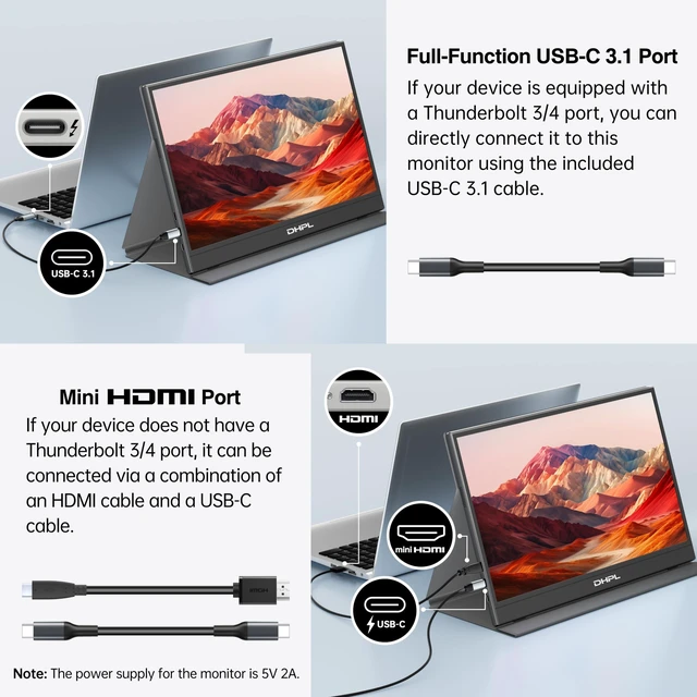 Alt view image 7 of 7 - Portable Monitor 15.6 Inch FHD 1080P IPS Screen Extender for Laptop Ultra-Slim 1.4lb Travel Monitor with Smart Cover, Dual USB-C & HDMI, VESA 75x75, Speakers, for Mac PC Phone Switch PS5 Xbox