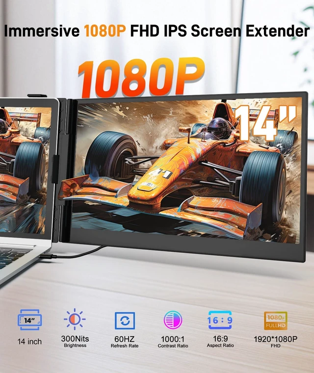 Alt view image 2 of 7 - Laptop Screen Extender, Ultra-Thin 14" FHD 1080P Portable Monitor IPS Display, Portable Monitor for 13"-17" Laptop, 1.3lbs Lightweight Dual Monitor, Plug & Play for Wins/Mac/Android/Chrome