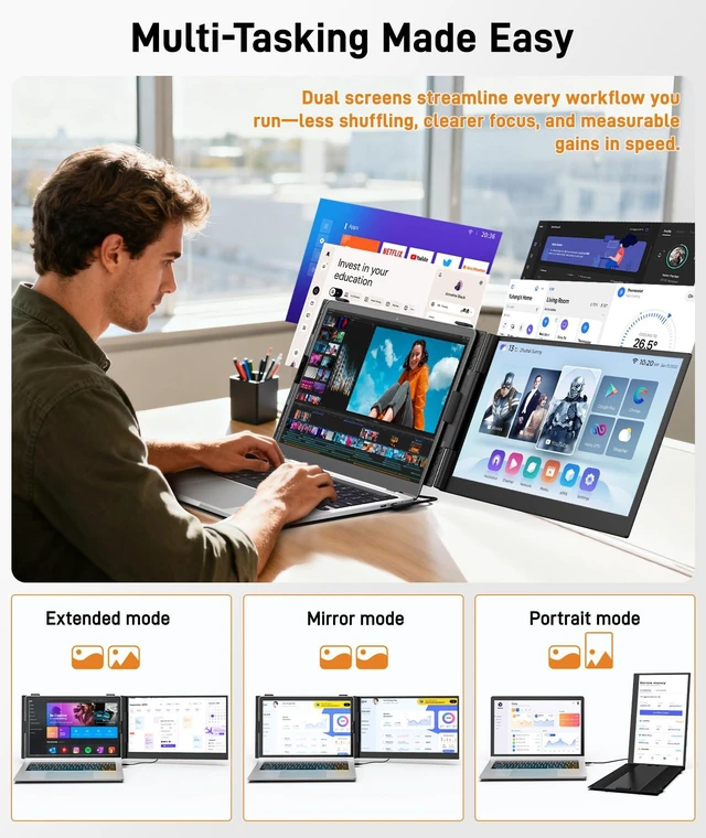 Alt view image 4 of 7 - Laptop Screen Extender, Ultra-Thin 14" FHD 1080P Portable Monitor IPS Display, Portable Monitor for 13"-17" Laptop, 1.3lbs Lightweight Dual Monitor, Plug & Play for Wins/Mac/Android/Chrome